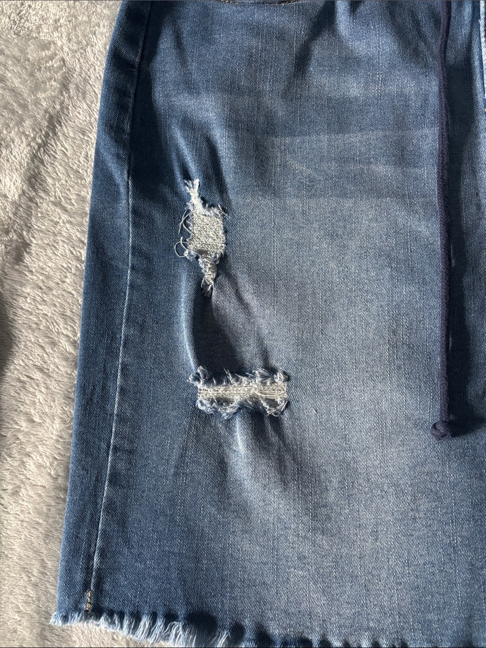 Distressed Blue Denim Drawstring Mini Skirt - Picture 2 of 7
